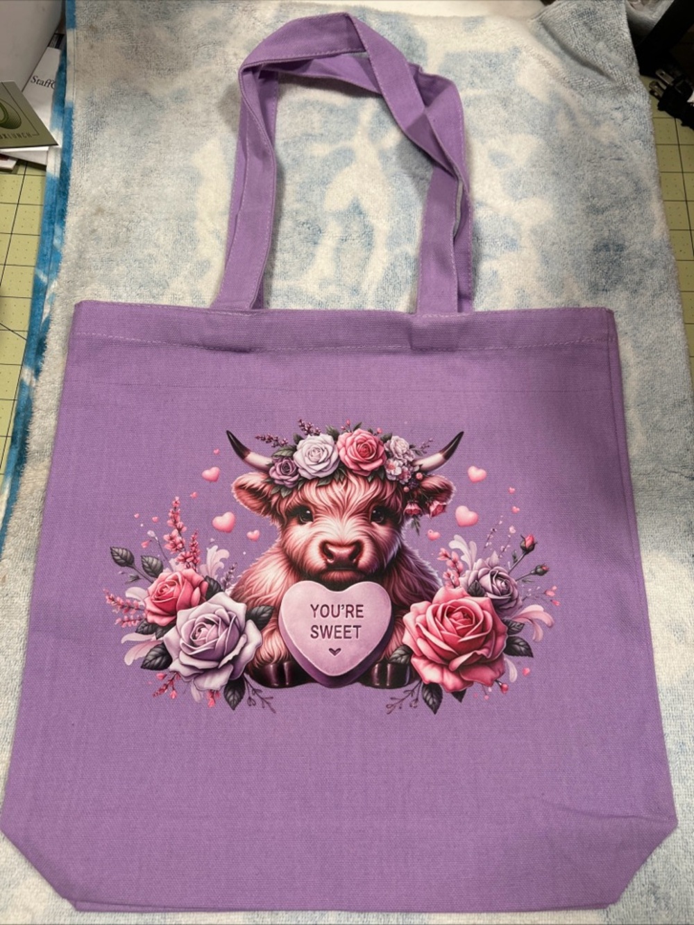 Lavender Floral 'You're Sweet' Cow Tote Bag